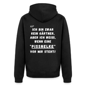 Ich bin zwar kein Gärtner. Nelke vor mir. - Unisex Premium Bio Zip Hoodie - Schwarz - Hinten - Nico (187cm)