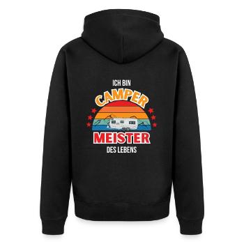 Lustiges Camping Shirt Camper Meister des Lebens - Unisex Premium Bio Zip Hoodie - Schwarz - Hinten - Nico (187cm)