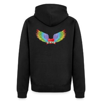 One Love Herz mit Rainbow-Engelsflügeln - Unisex Premium Bio Zip Hoodie - Schwarz - Hinten - Nico (187cm)