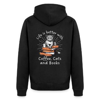 Katze Kaffee Bücher - Unisex Premium Bio Zip Hoodie - Schwarz - Hinten - Nico (187cm)