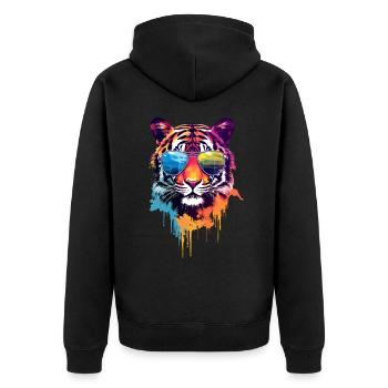 Bunter Tiger mit Sonnenbrille - Unisex Premium Bio Zip Hoodie - Schwarz - Hinten - Nico (187cm)
