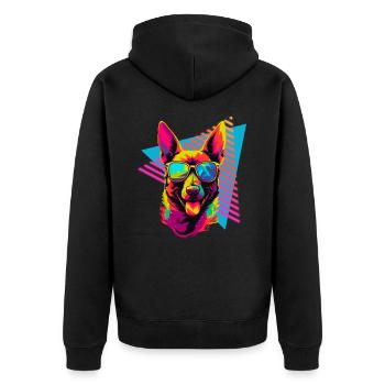 Malinois belge avec des lunettes de soleil style années 80 - Veste à capuche bio Premium Unisexe - noir - Dos - Nico (187cm)
