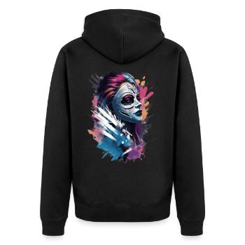 "Color Clash: Die Stilvolle Maskenfrau" - Unisex Premium Bio Zip Hoodie - Schwarz - Hinten - Nico (187cm)
