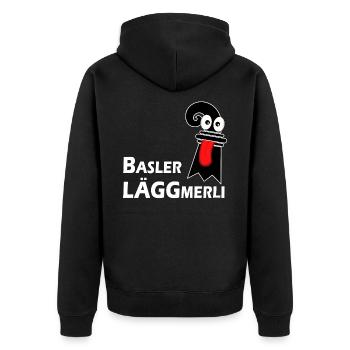 Basler Läggmerli - Frecher Baslerstab mit Zunge - Unisex Premium Bio Zip Hoodie - Schwarz - Hinten - Nico (187cm)