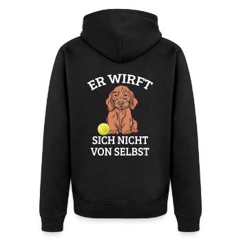 Hund Mit Ball Hundespruch Wirft Nicht Von Selbst - Unisex Premium Bio Zip Hoodie - Schwarz - Hinten - Nico (187cm)
