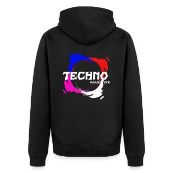 Rave On! - Unisex Premium Bio Zip Hoodie - Schwarz - Hinten - Nico (187cm)