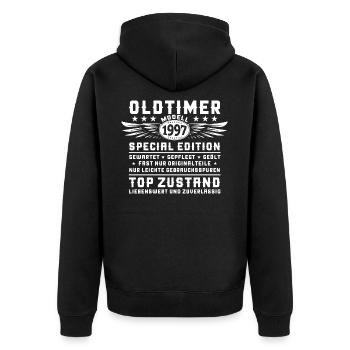 Oldtimer Jahrgang 1997 25. Geburtstag Geschenk Fun - Unisex Premium Bio Zip Hoodie - Schwarz - Hinten - Nico (187cm)