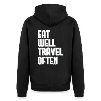 Bien manger Voyager souvent Touriste Voyageur du Monde - Veste à capuche bio Premium Unisexe - noir - Dos - Nico (187cm)
