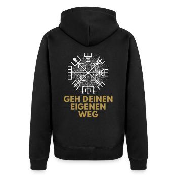 Wegweiser RUNEN VEGVISIR - Unisex Premium Bio Zip Hoodie - Schwarz - Hinten - Nico (187cm)