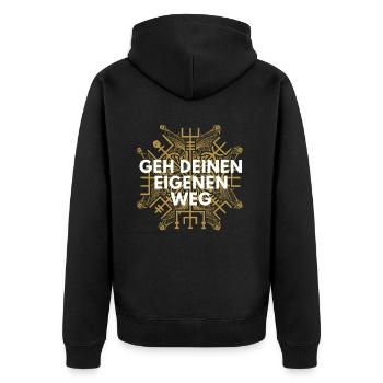 Wegweiser VEGVISIR - GEH DEINEN EIGENEN WEG - Unisex Premium Bio Zip Hoodie - Schwarz - Hinten - Nico (187cm)