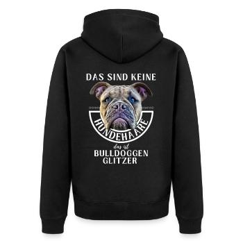 BULLDOGGEN GLITZER ...Bulldogge Bulldog Bulldoggen - Unisex Premium Bio Zip Hoodie - Schwarz - Hinten - Nico (187cm)