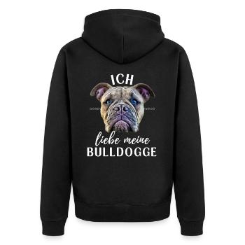 ICH LIEBE MEINE Bulldogge Bulldog Bulldoggen - Unisex Premium Bio Zip Hoodie - Schwarz - Hinten - Nico (187cm)