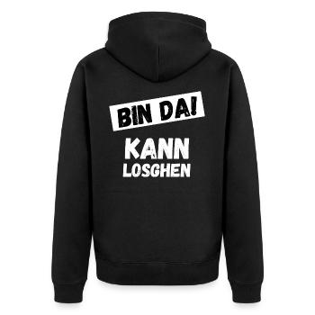 Bin da kann losgehen! Lustiger Spruch Verspätung - Unisex Premium Bio Zip Hoodie - Schwarz - Hinten - Nico (187cm)