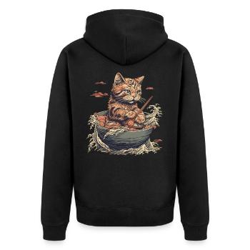 Katze isst Ramen Nudeln, welle von kanagawa - Unisex Premium Bio Zip Hoodie - Schwarz - Hinten - Nico (187cm)