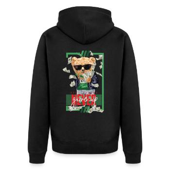 Geld reich Bär - bleib stark und gib niemals auf - Unisex Premium Bio Zip Hoodie - Schwarz - Hinten - Nico (187cm)