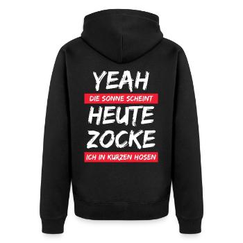 Die Sonne scheint heute Zocke ich in kurzer Hose - Unisex Premium Bio Zip Hoodie - Schwarz - Hinten - Nico (187cm)