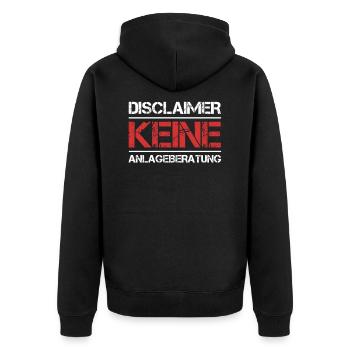 Disclaimer Keine Anlageberatung für Finanz - Unisex Premium Bio Zip Hoodie - Schwarz - Hinten - Nico (187cm)
