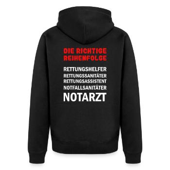 Rettungsdienst Hierarchie - Unisex Premium Bio Zip Hoodie - Schwarz - Hinten - Nico (187cm)