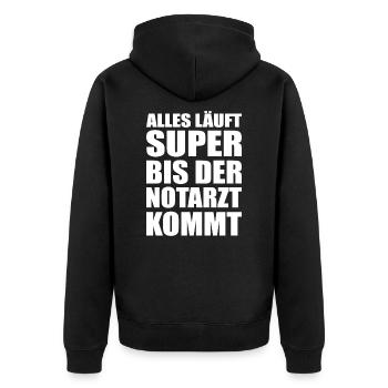 Rettungsdienst Notfallsanitäter Lustiger Spruch - Unisex Premium Bio Zip Hoodie - Schwarz - Hinten - Nico (187cm)