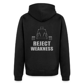 reject weakness - Unisex Premium Organic Zip Hoodie - black - Back - Nico (187cm)