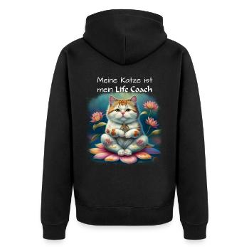 Meine Katze ist mein Life Coach, helle Schrift - Unisex Premium Bio Zip Hoodie - Schwarz - Hinten - Nico (187cm)