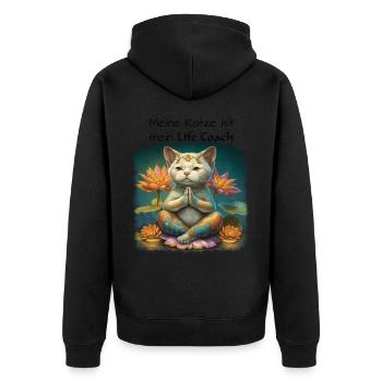 Meine Katze ist mein Life Coach, dunkle Schrift - Unisex Premium Bio Zip Hoodie - Schwarz - Hinten - Nico (187cm)