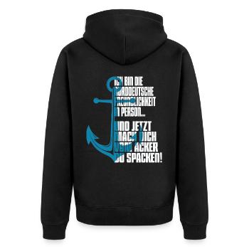 Ich bin die Norddeutsche Freundlichkeit in Person! - Unisex Premium Bio Zip Hoodie - Schwarz - Hinten - Nico (187cm)