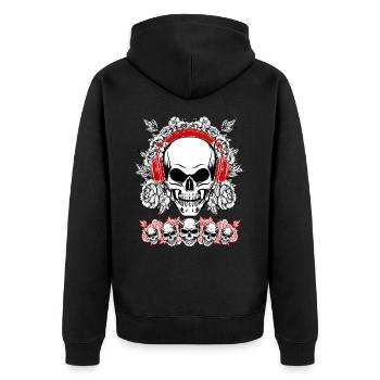 Human Skull listening to Music with Flowers - Unisex Premium Organic Zip Hoodie - black - Back - Nico (187cm)