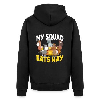My Squad Eats Hay für eine Reiterin oder Reiter - Unisex Premium Bio Zip Hoodie - Schwarz - Hinten - Nico (187cm)