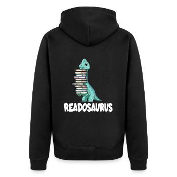 Readosaurus Dinosaurier Bücher Dino Lesen Langhals - Unisex Premium Bio Zip Hoodie - Schwarz - Hinten - Nico (187cm)