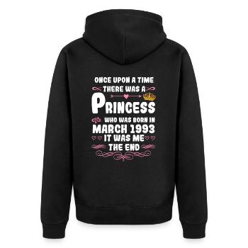 Es war einmal eine Prinzessin. März 1993 Geburtsta - Unisex Premium Bio Zip Hoodie - Schwarz - Hinten - Nico (187cm)