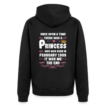 Es war einmal eine Prinzessin. Februar 1988 Geburt - Unisex Premium Bio Zip Hoodie - Schwarz - Hinten - Nico (187cm)