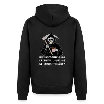 Skelett Sensenmann trinkt Kaffee Halloween - Unisex Premium Bio Zip Hoodie - Schwarz - Hinten - Nico (187cm)