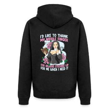 I'd Like To Thank My Middle Finger For Always - Unisex Premium Bio Zip Hoodie - Schwarz - Hinten - Nico (187cm)
