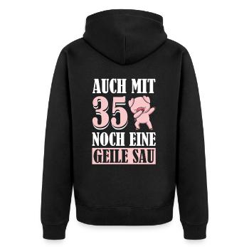 Auch Mit 35 Noch Eine Geile Sau Schwein 35th - Unisex Premium Bio Zip Hoodie - Schwarz - Hinten - Nico (187cm)