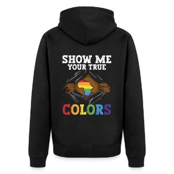 Not allowed in Nice Classes 9, 16; US, WHERE, EM, UK - Unisex Premium Organic Zip Hoodie - black - Back - Nico (187cm)