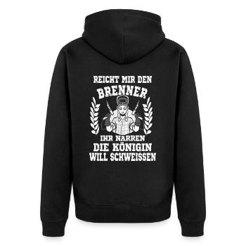 Reicht mir den Brenner ihr Narren die Königin will - Unisex Premium Bio Zip Hoodie - Schwarz - Hinten - Nico (187cm)