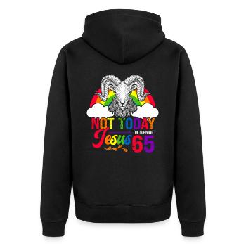 Nicht Heute Jesus Ich Werde 65 Regenbogenschaf - Unisex Premium Bio Zip Hoodie - Schwarz - Hinten - Nico (187cm)