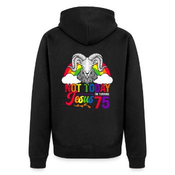 Nicht Heute Jesus Ich Werde 75 Regenbogenschaf - Unisex Premium Bio Zip Hoodie - Schwarz - Hinten - Nico (187cm)