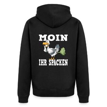 MOIN IHR SPACKEN für einen Möwen Spruch - Unisex Premium Bio Zip Hoodie - Schwarz - Hinten - Nico (187cm)