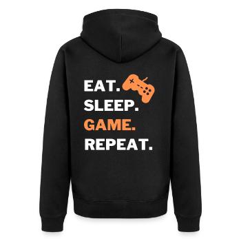 eat sleep game repeat gamer Tshirt - Unisex Premium Bio Zip Hoodie - Schwarz - Hinten - Nico (187cm)