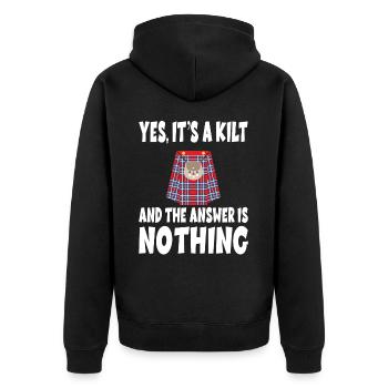 YES IT's A KILT AND THE ANSWER IS NOTHING - Unisex Premium Bio Zip Hoodie - Schwarz - Hinten - Nico (187cm)