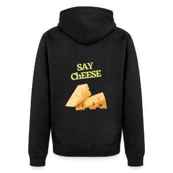 SAY CHEESE Käse Geschenkidee Cheese Käseliebe - Unisex Premium Bio Zip Hoodie - Schwarz - Hinten - Nico (187cm)