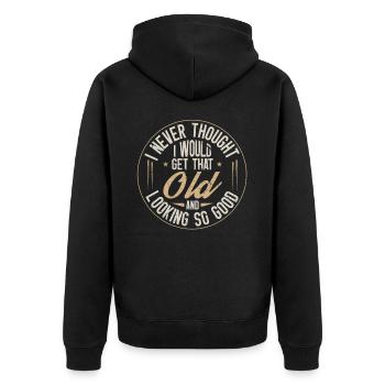 Hätte Nie Gedacht, Dass Ich Mal So Alt Werde - Unisex Premium Bio Zip Hoodie - Schwarz - Hinten - Nico (187cm)