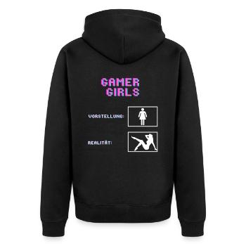 Gamer Girls Vorstellung vs. Realität Gaming Gamer - Unisex Premium Bio Zip Hoodie - Schwarz - Hinten - Nico (187cm)