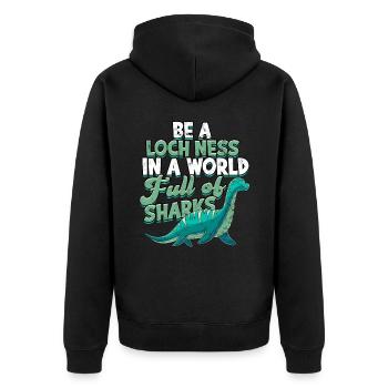 lochlochlochness geschenkidee geschenk - Unisex Premium Bio Zip Hoodie - Schwarz - Hinten - Nico (187cm)