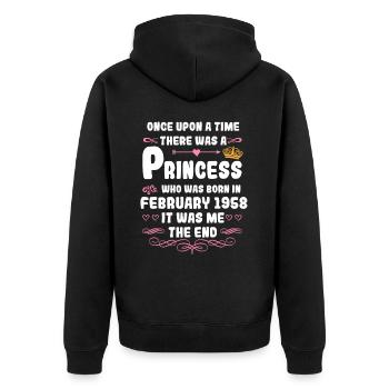 Es war einmal eine Prinzessin. Februar 1958 Geburt - Unisex Premium Bio Zip Hoodie - Schwarz - Hinten - Nico (187cm)
