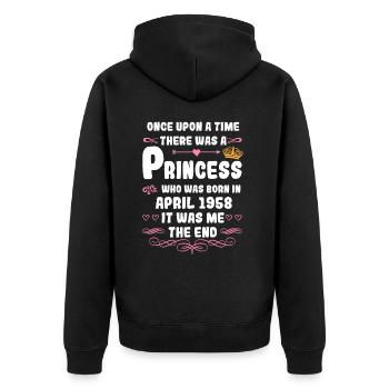 Es war einmal eine Prinzessin. April 1958 Geburtst - Unisex Premium Bio Zip Hoodie - Schwarz - Hinten - Nico (187cm)