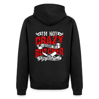metzger fleischer geschenk fleisch geschenkidee sc - Unisex Premium Bio Zip Hoodie - Schwarz - Hinten - Nico (187cm)