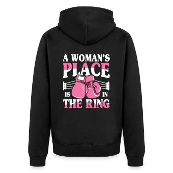 A Woman's Place Is In The Ring - Unisex Premium Bio Zip Hoodie - Schwarz - Hinten - Nico (187cm)